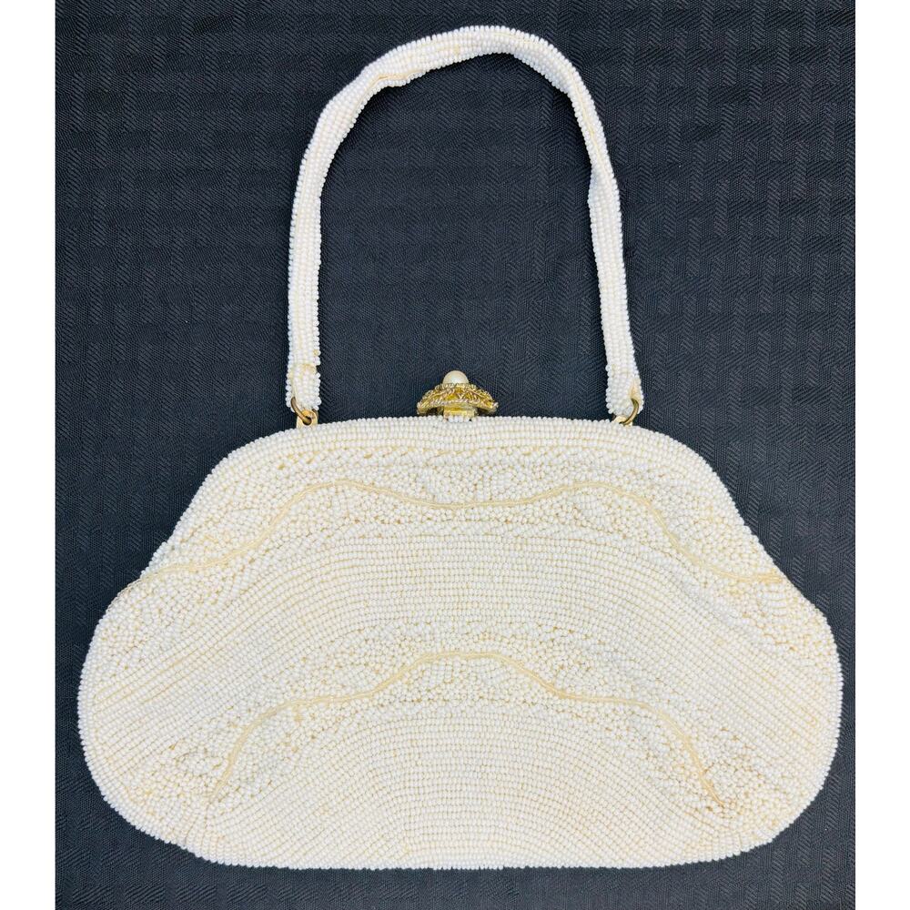 Beaded Clutch Handbag with Wrist Strap, White Seed Bead Pattern, Vintage 1950's
